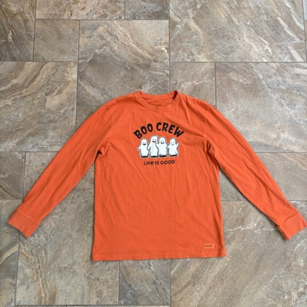 Life is‎ Good Boo Crew Ghost Halloween Graphic Long Sleeve T-Shirt Mens Medium